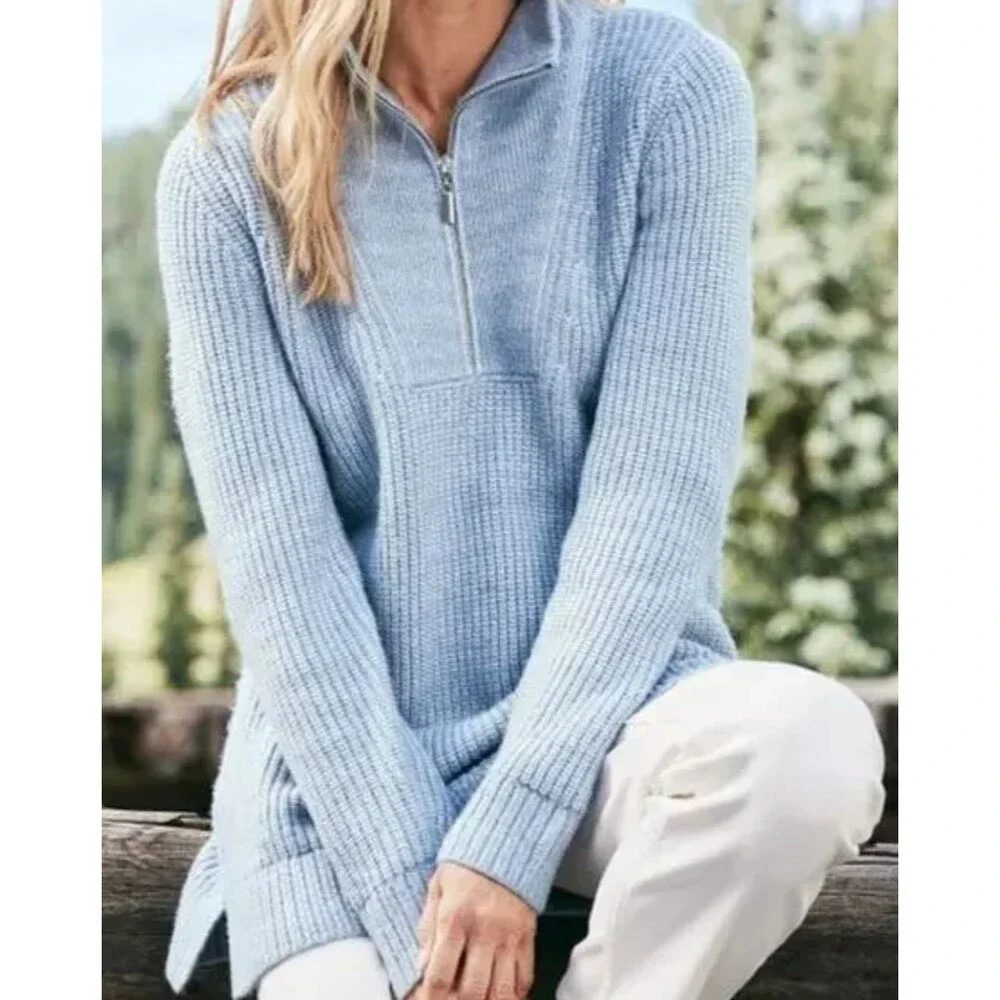 Soft Surroundings Women's Hallie Half Zip Sweater in Faded Denim Size XL NWT - Picture 2 of 9